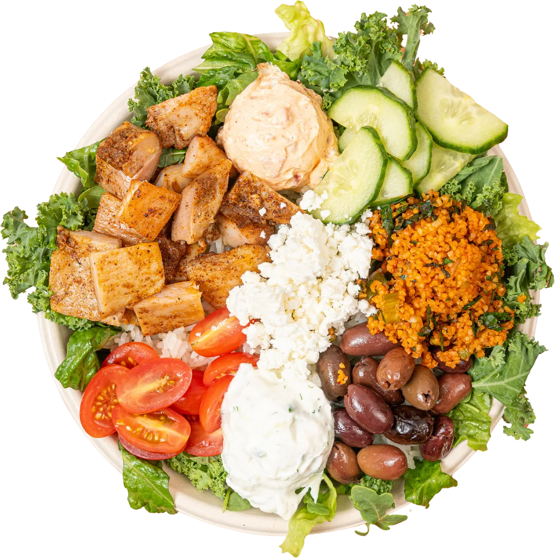 Faro Kitchen mediterranean bowl, shot from above