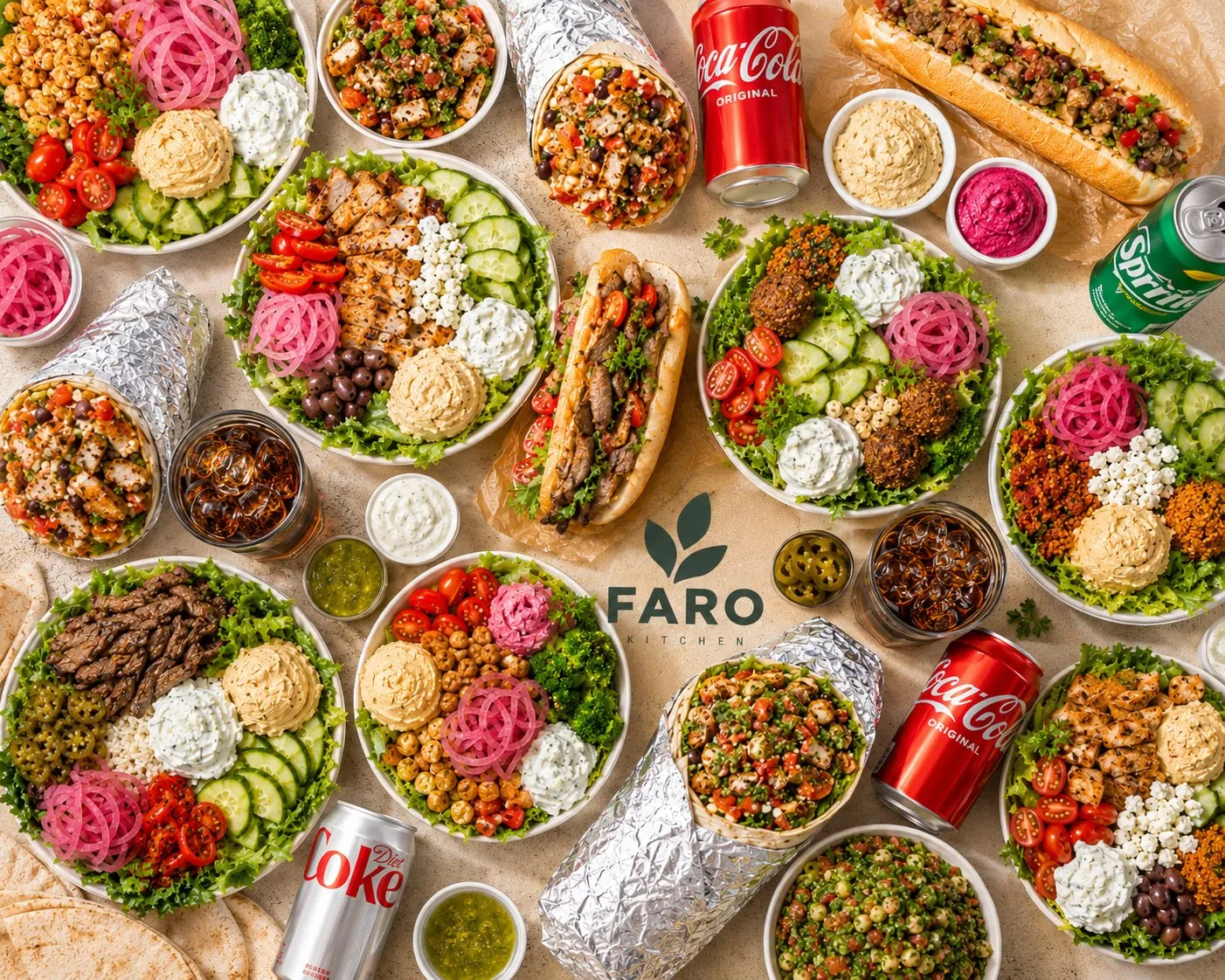 A Faro Kitchen catering spread of bowls, dips and sandwiches